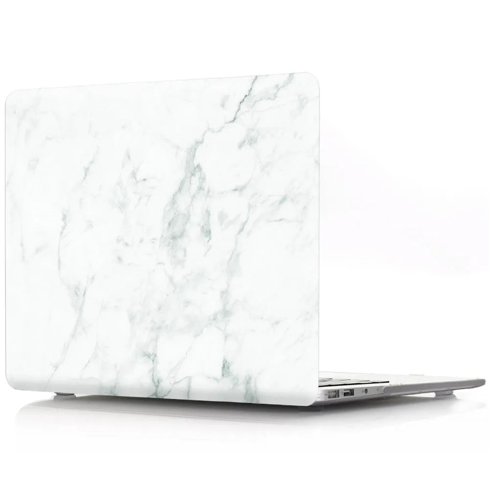 Plastic MacBook protective case in a marble pattern colour, shown next to a compatible Apple laptop.