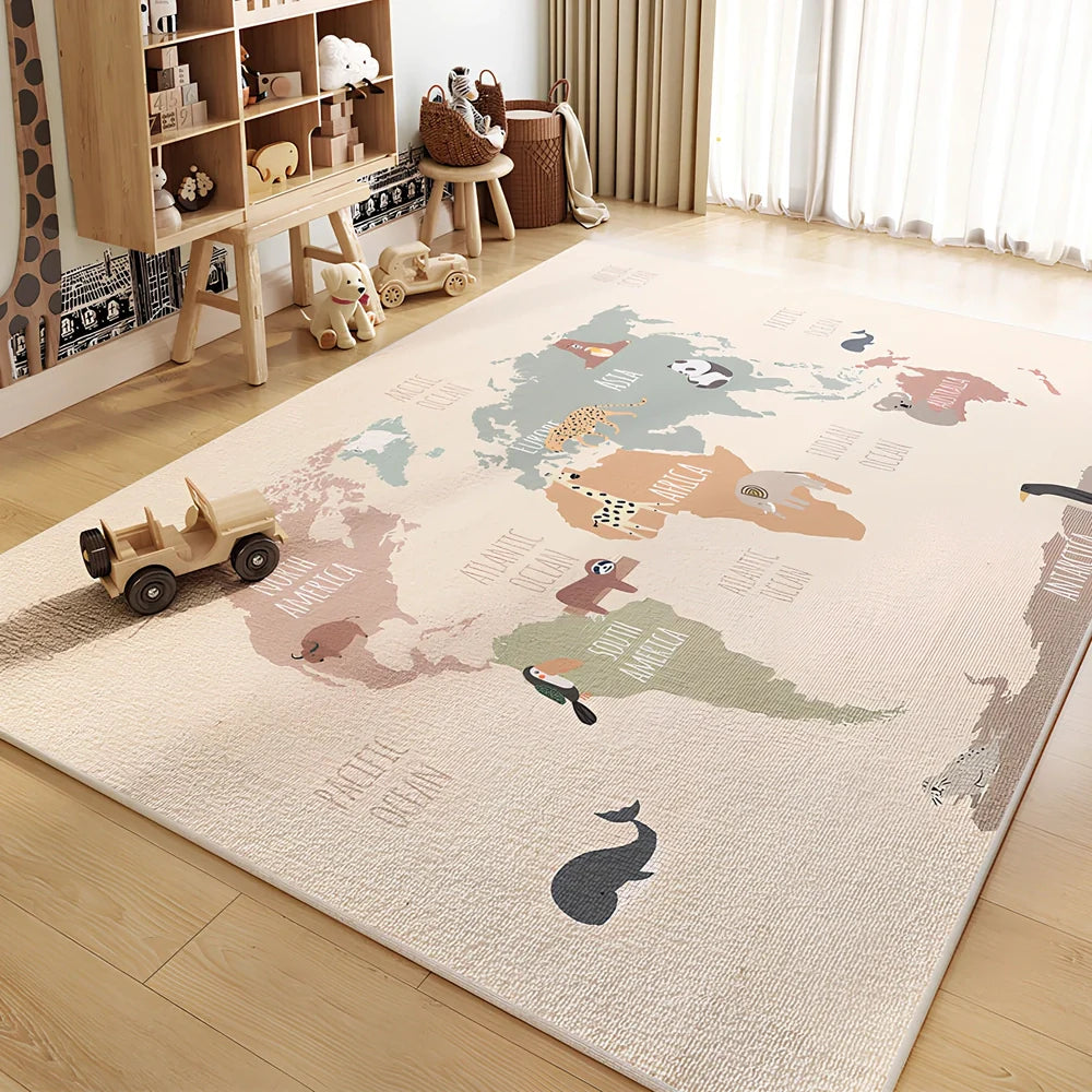 Cartoon animal print geometric pattern polyester carpet available in multiple sizes with hand wash cleaning