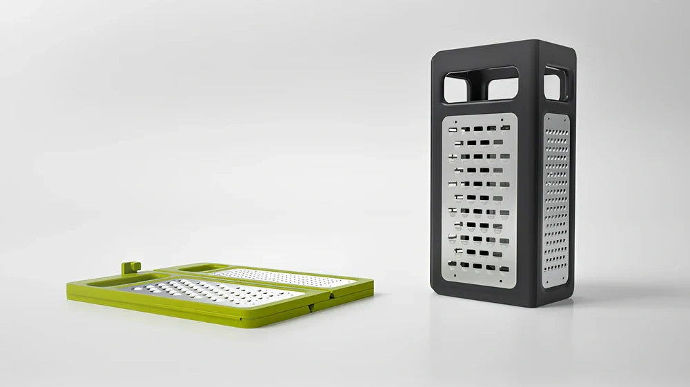 Green foldable stainless steel box grater with four cutting surfaces shown open and closed