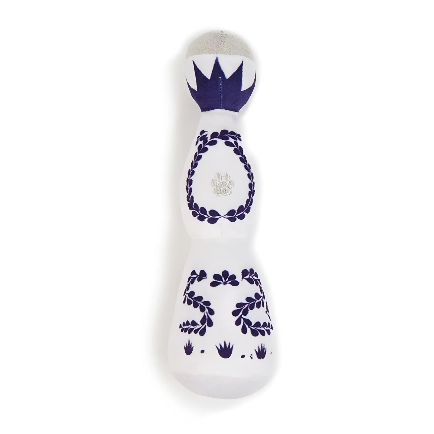 Red and white plush dog toy shaped like a tequila bottle with squeaker