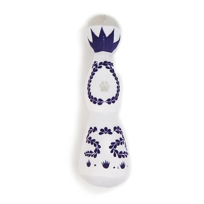 Red and white plush dog toy shaped like a tequila bottle with squeaker