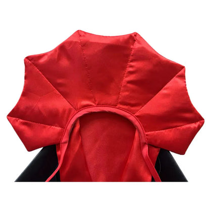 Small dog wearing a red bat devil cloak and pointed hat Halloween costume.