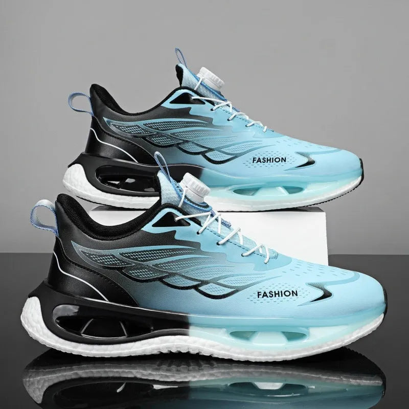 Men's low-top button sneaker with rotating sole in black mesh or leather options on a plain background.