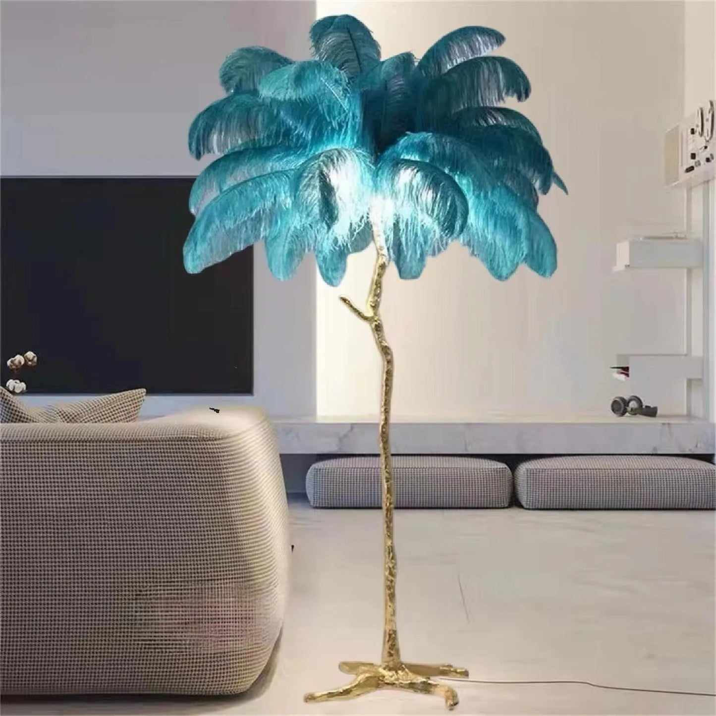 Tall decorative floor lamp with 32 resin feathers in living room setting