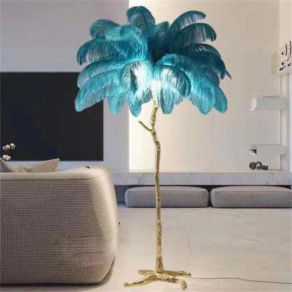Tall decorative floor lamp with 32 resin feathers in living room setting