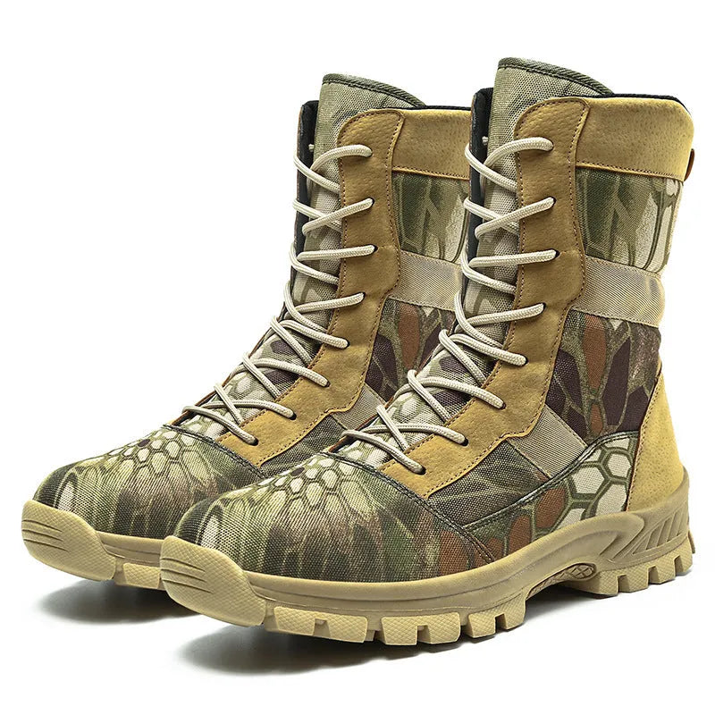 Men's black and camouflage high-top Martin boots with mesh upper and totem details, plus sizes 39-46