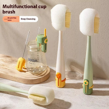 5-in-1 cup cleaning tool with long handle and sponge brush in cream white and dark green