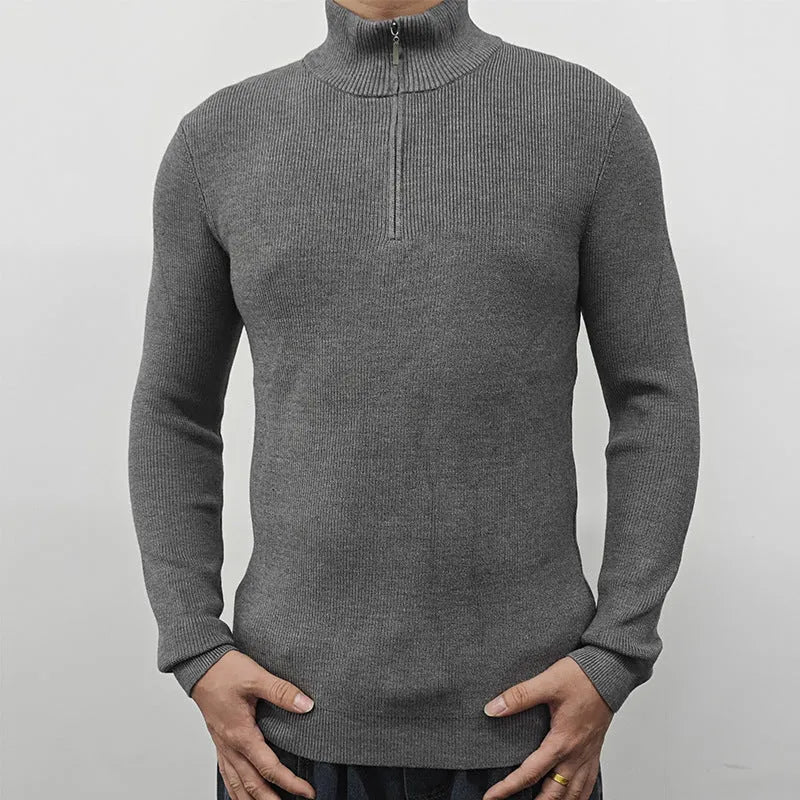 Men's black half-turtleneck zipper sweater with long sleeves, suitable for spring and autumn leisure wear
