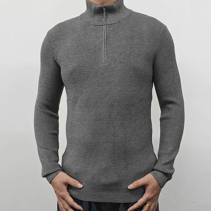 Men's black half-turtleneck zipper sweater with long sleeves, suitable for spring and autumn leisure wear
