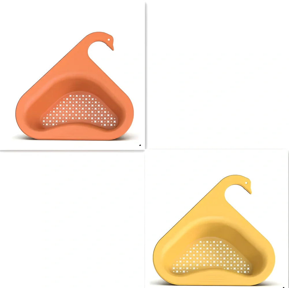 Yellow swan-shaped plastic kitchen drainer basket with drainage holes on kitchen counter