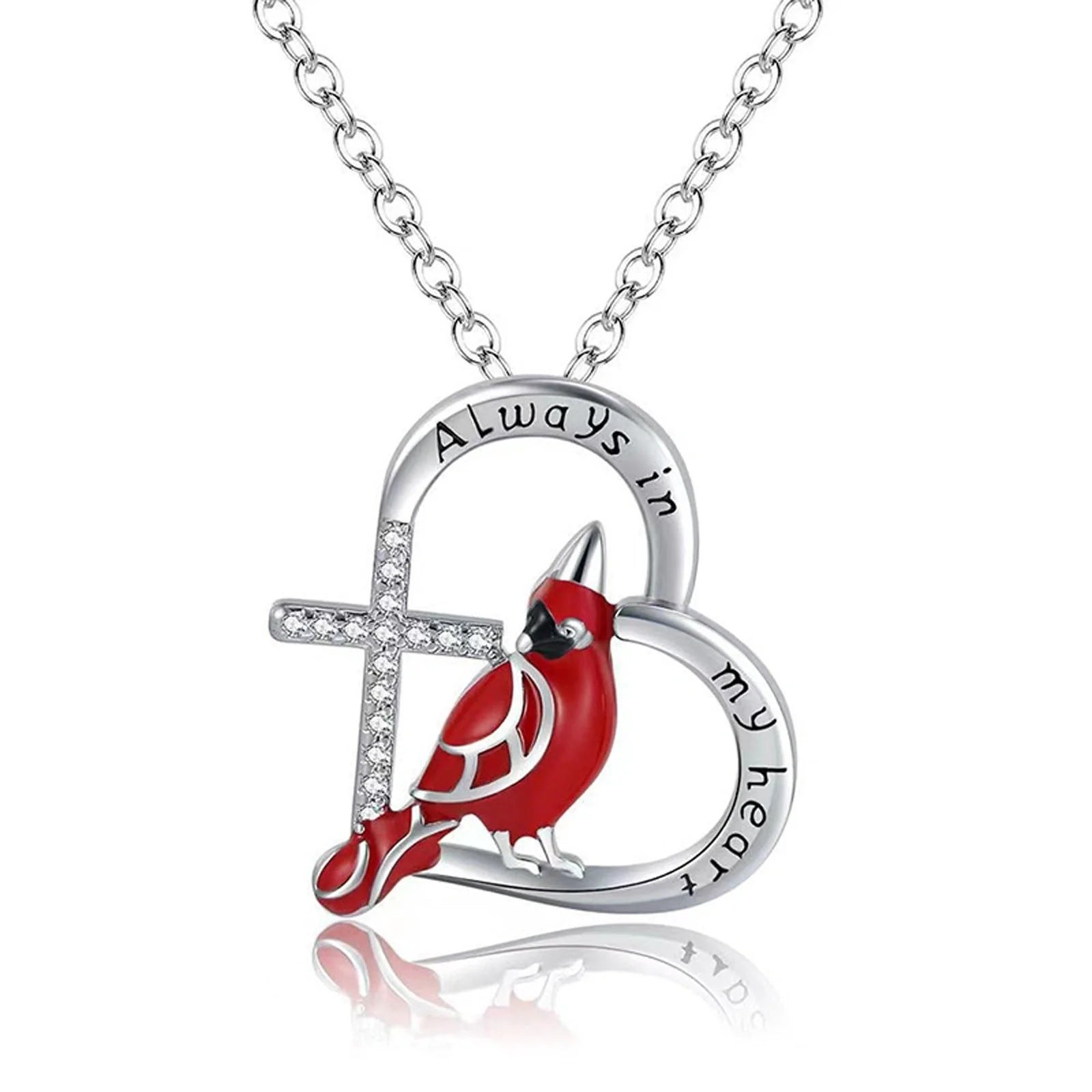 Elegant heart-shaped cardinal pendant necklace perfect for anniversaries and Valentine's Day gifts.