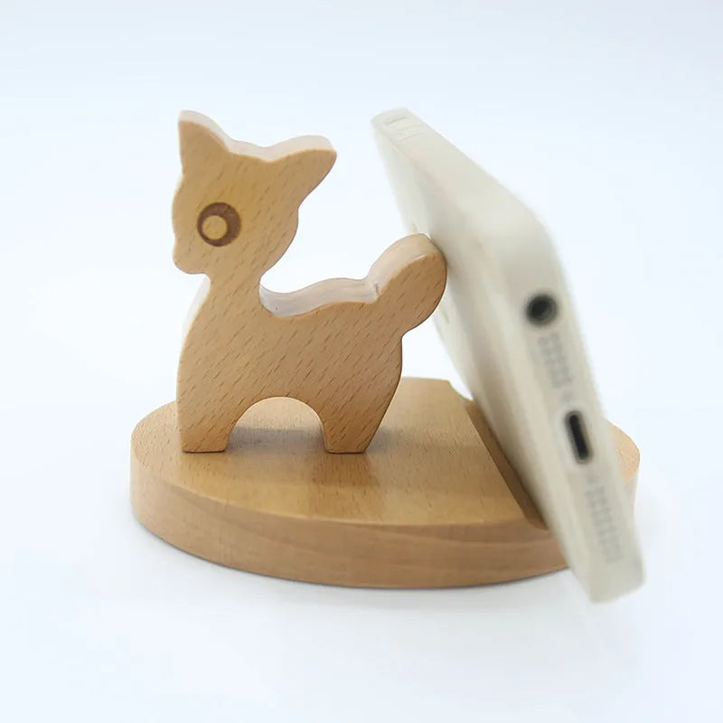 Beech wood mobile phone holder with coin slot showing adjustable angle and resin decorative elements