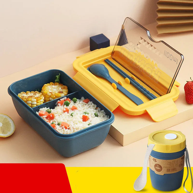 Green four-compartment plastic bento box with secure lid, showing internal partitions for separate food storage.