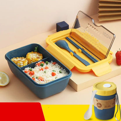 Green four-compartment plastic bento box with secure lid, showing internal partitions for separate food storage.