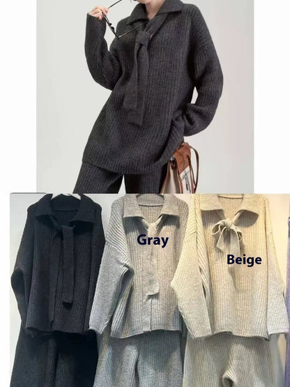 Sweater suit set with top and trousers in acrylic fibre imitation cashmere fabric, available in dark grey, grey, beige, or dark coffee