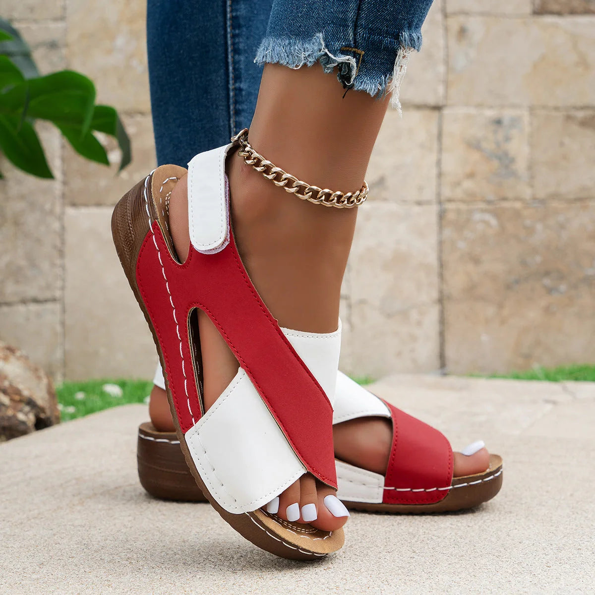 Women's summer wedges sandals with colorblock cross-strap design and thick rubber sole