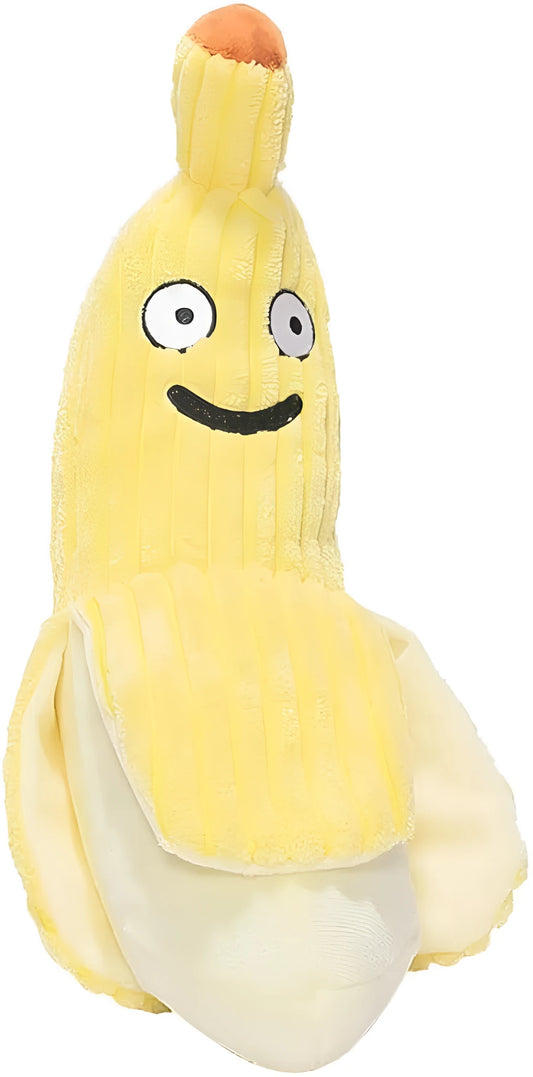 Yellow banana-shaped plush cat toy with a green leaf and crinkle paper inside for sound.