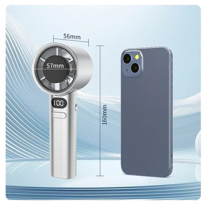 Handheld fan with 120-speed control, USB port, and 1800 mAh battery in choice of colours