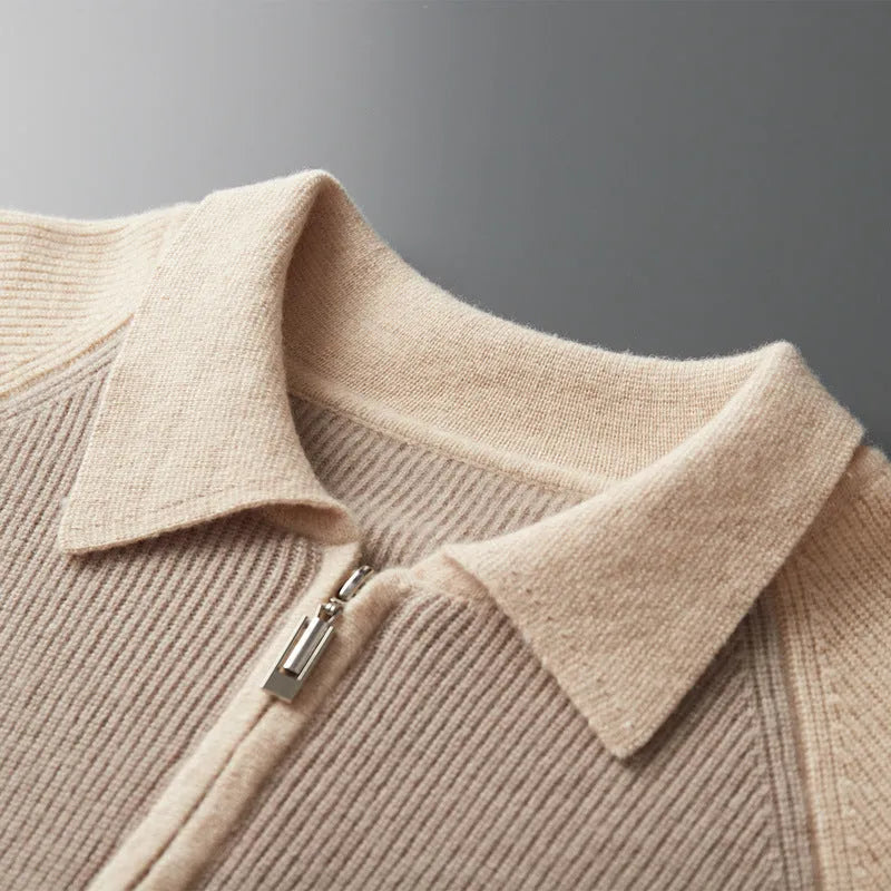Men's wheat camel half zip wool sweater with contrast lapels, slim fit winter pullover