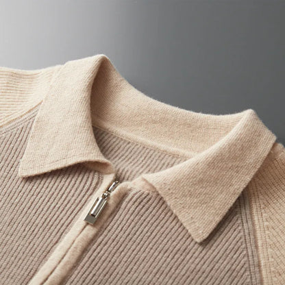 Men's wheat camel half zip wool sweater with contrast lapels, slim fit winter pullover