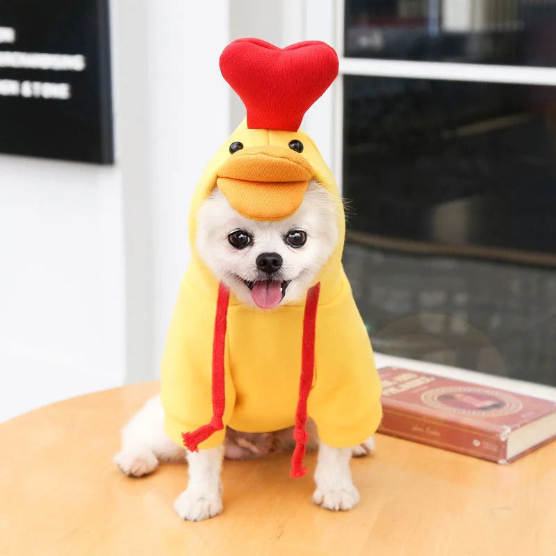 Two-legged hooded fleece dog outfits in various colors for autumn and winter wear