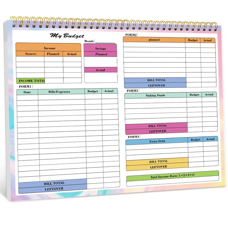 B5 size budget notebook with blue PP plastic cover and spiral binding, open on a desk.