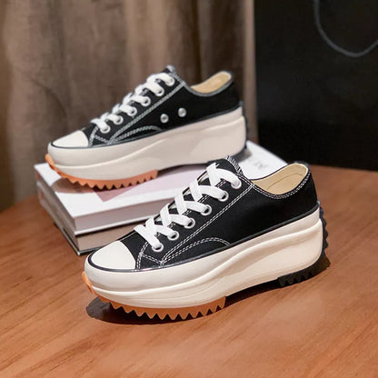 Women's white and black thick-soled canvas casual shoes with breathable design for summer