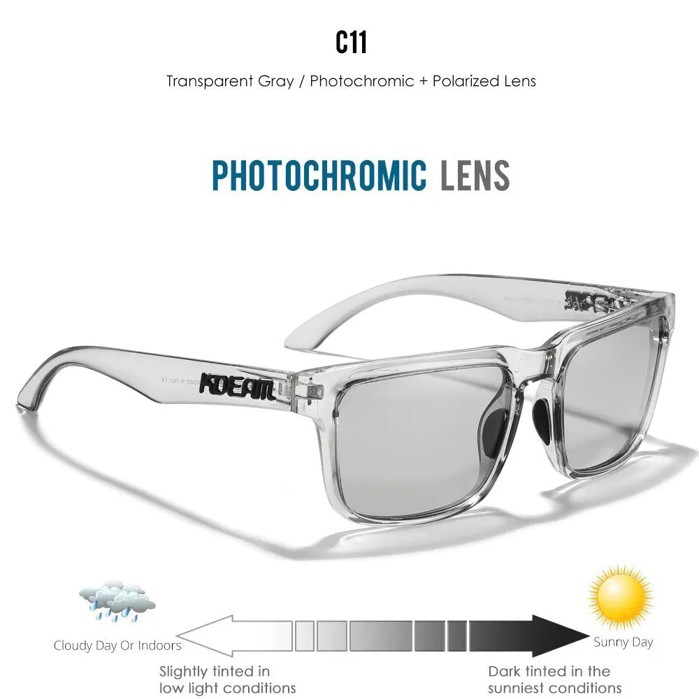 Square polarised sunglasses with TAC lenses and a PC frame, shown in one of 12 available colour options.