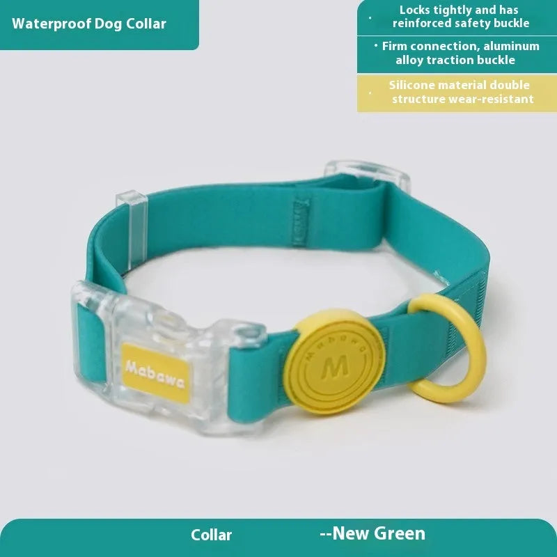 Nylon dog collar and hand holding rope in smoky gray, new green, lemon yellow, and rose pink colour options.