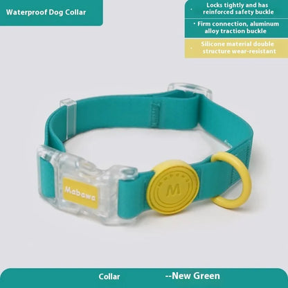 Nylon dog collar and hand holding rope in smoky gray, new green, lemon yellow, and rose pink colour options.