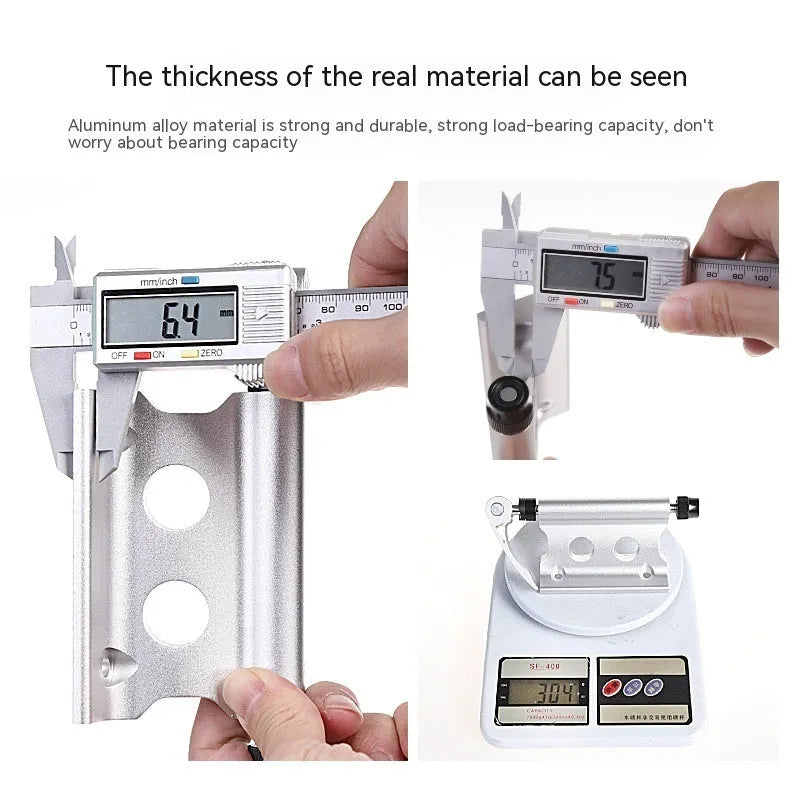Silver metal quick-release clamp for attaching a bicycle front fork to a vehicle rack.