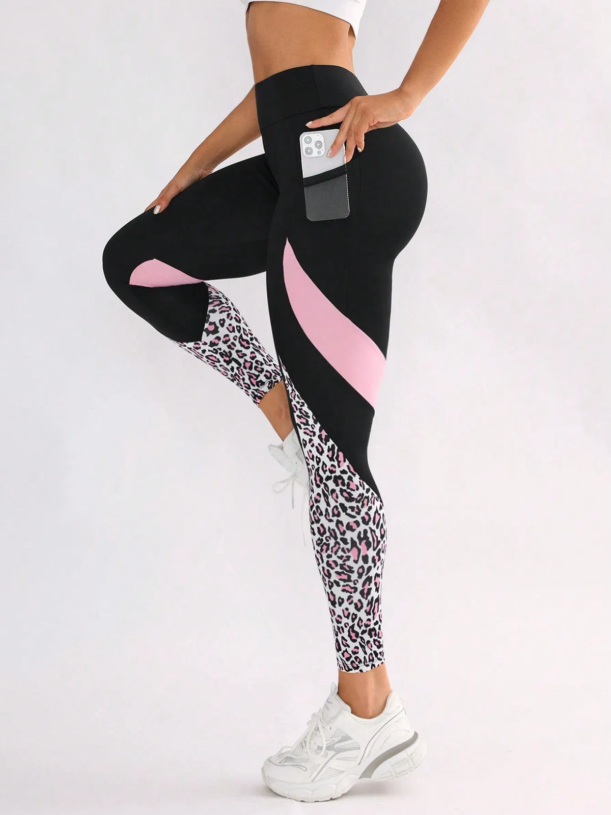 Women's polyester yoga leggings with high-waist design and contrast patchwork patterns in various animal print styles