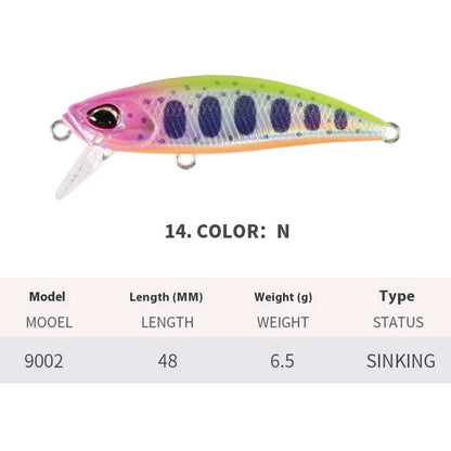 Japanese fishing lure with submerged mino design, 48mm length, 6.5g weight, shown in multiple colour variations