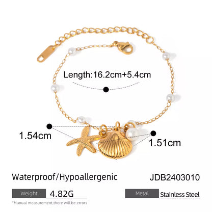 18K gold plated stainless steel bracelet with shell starfish pendant and pearl chain