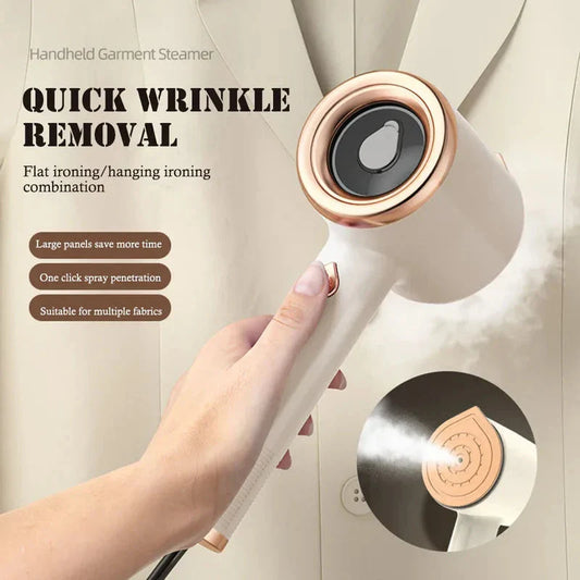 Compact handheld garment steamer with titanium-coated soleplate for quick, wrinkle-free clothing care