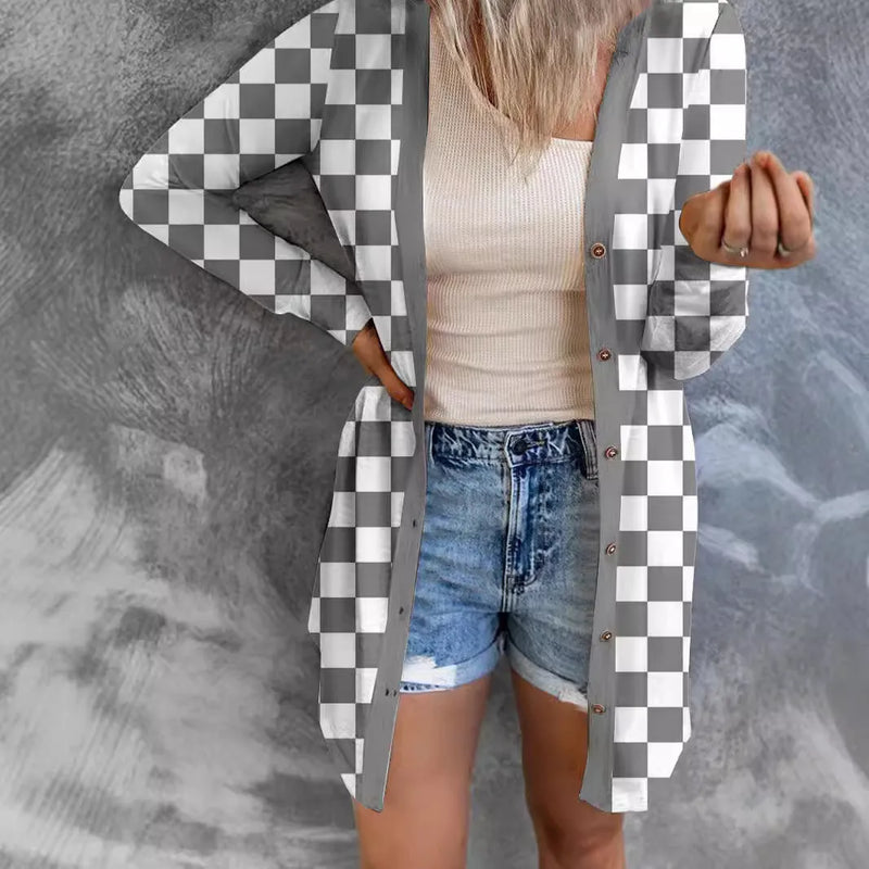 Women's knitted plaid coat cardigan loose fit longline street fashion outerwear in polyester with regular sleeves, available in six colours including grey, black, red, orange, blue and pink with sizes from S to XXXL