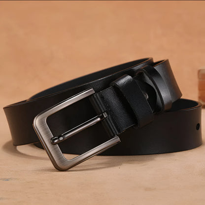 Square head pin buckle jeans belt in black or brown with alloy buckle and adjustable sizing