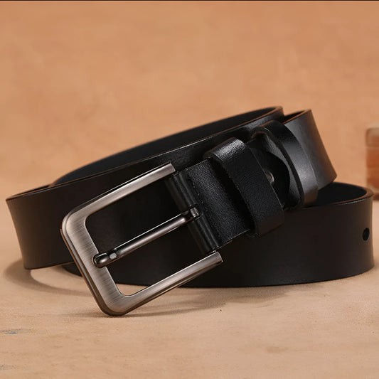 Square head pin buckle jeans belt in black or brown with alloy buckle and adjustable sizing
