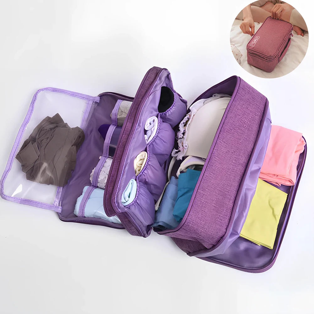 Purple cube-shaped bra storage bag with 3 internal shelves for organising underwear during travel