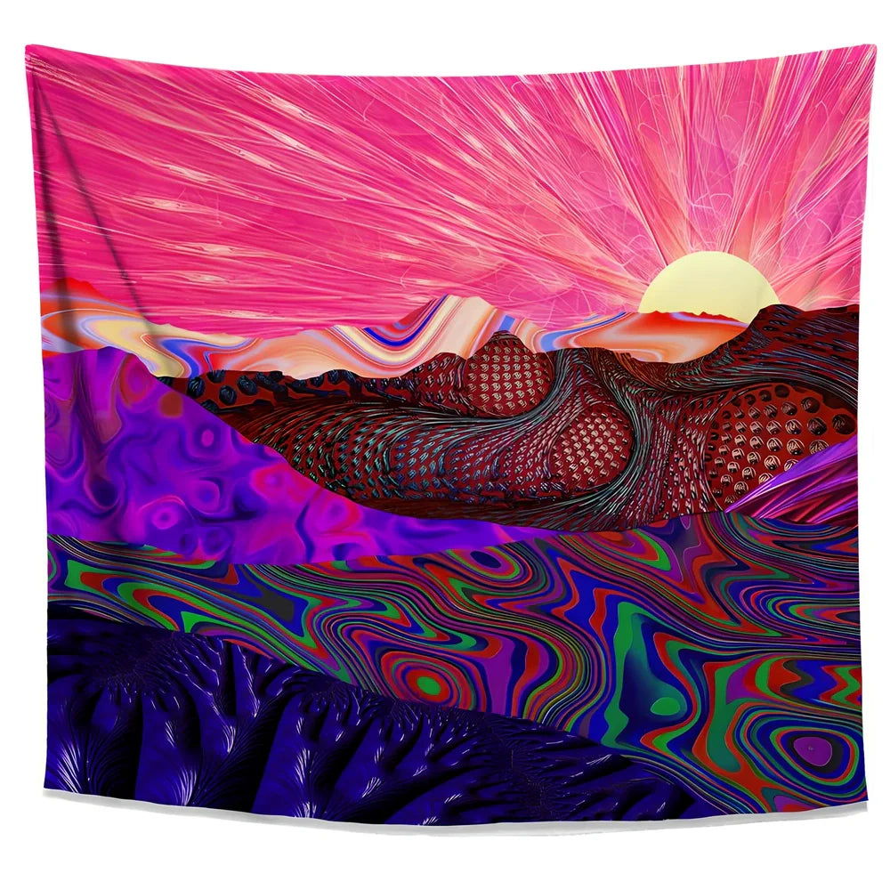 Bohemian psychedelic sunset pattern tapestry in polyester fibre with machine-woven construction