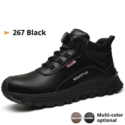 Leather Flyknit safety work shoes in black, brown, grey, or khaki with a rubber sole