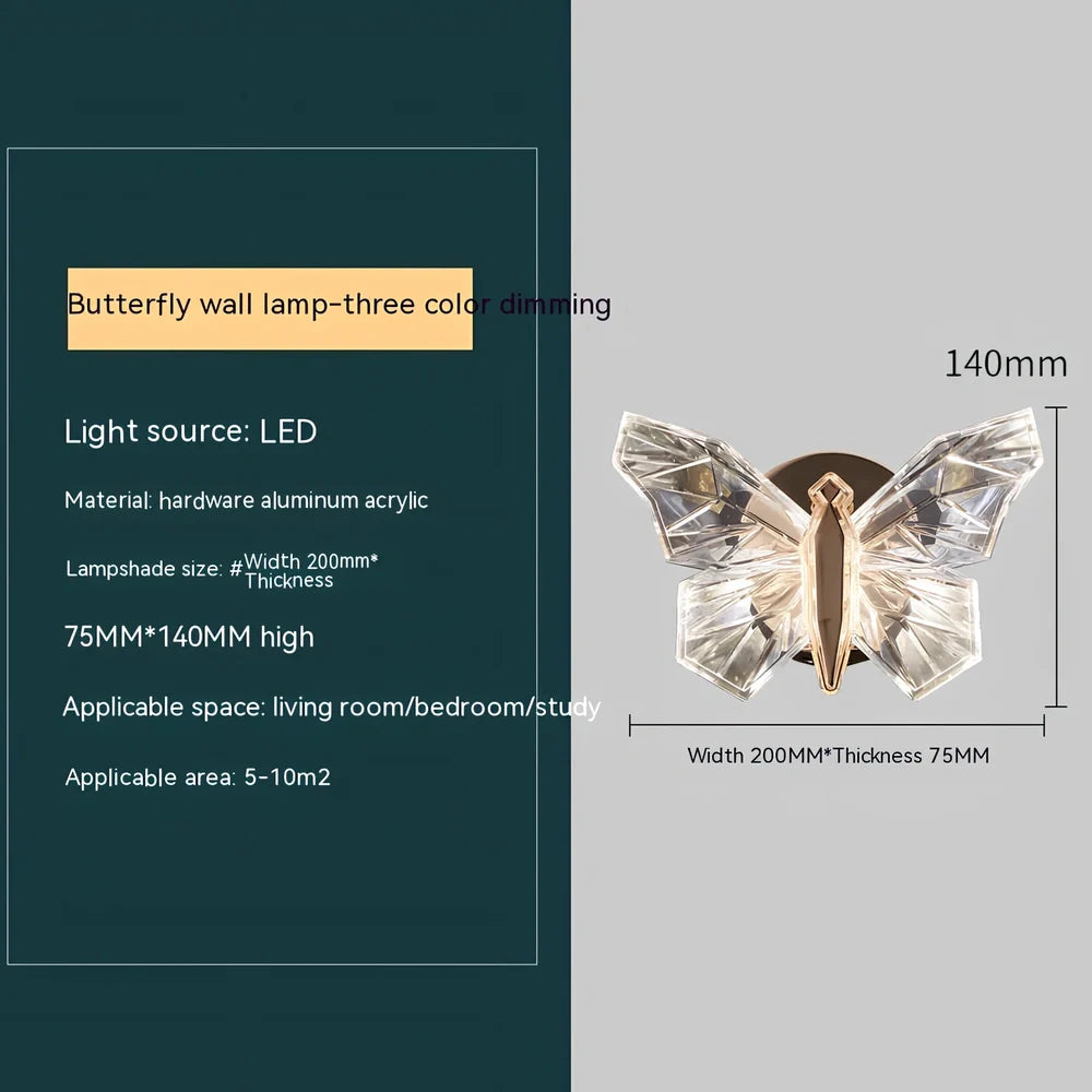 Butterfly-shaped crystal wall lamp with aluminium frame and multi-colour LED lighting for bedroom decoration