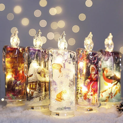 Transparent electronic Christmas candle showing house, snowman and bear designs, 18cm height