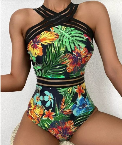Women's one-piece printed bikini in black, white, and red flower patterns, waterproof and lightweight.