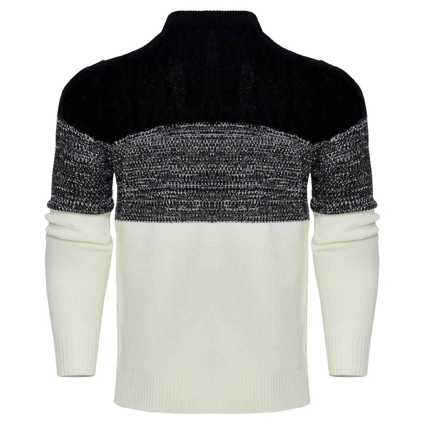 Men's color block cable knit acrylic sweater in black, blue, and brown