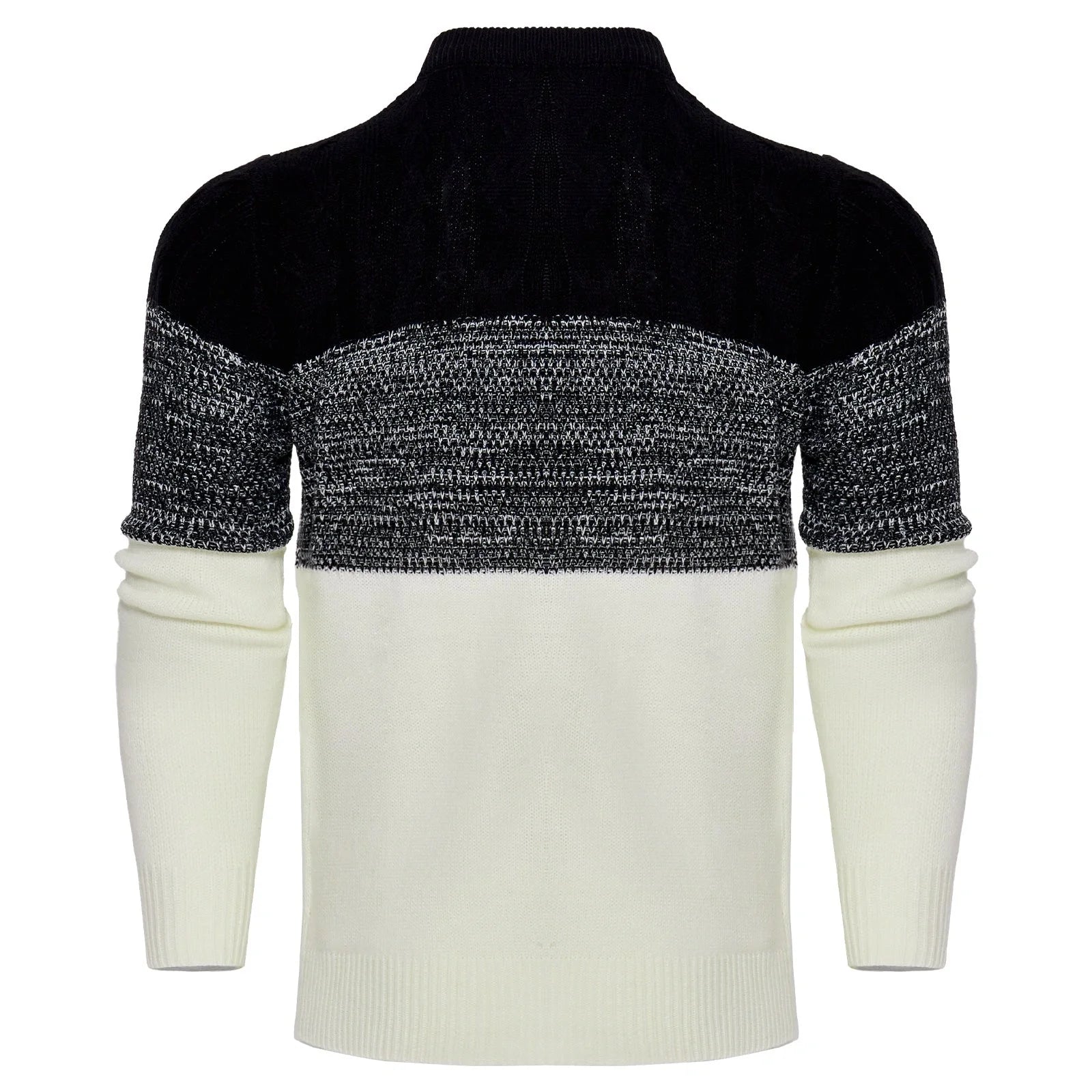 Men's color block cable knit acrylic sweater in black, blue, and brown