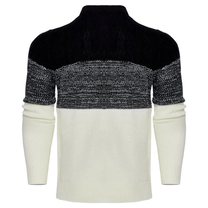 Men's color block cable knit acrylic sweater in black, blue, and brown