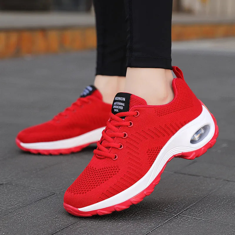 Women's red and black mesh sneakers with round toe, front lace-up, and 3-5cm mid heel on PU sole