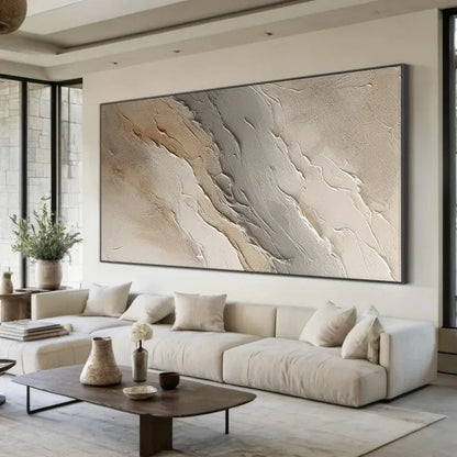 Hand-painted beige grey abstract oil painting on canvas, one panel, frameless and unstretched wall art