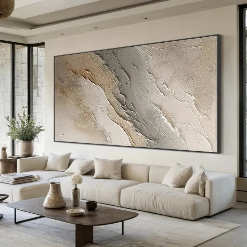 Hand-Painted Oil Painting Canvas Wall Art Beige Grey Abstract Texture Waves for Living Room Bedroom Dining Room Home Office Decor Rolled Frameless Unstretched One Panel